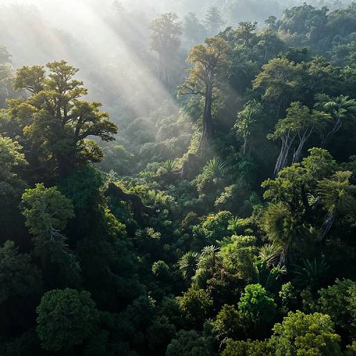 Photograph of a lush, misty tropical forest with sunlight penetrating through dense, green foliage, creating a serene, ethereal atmosphere.