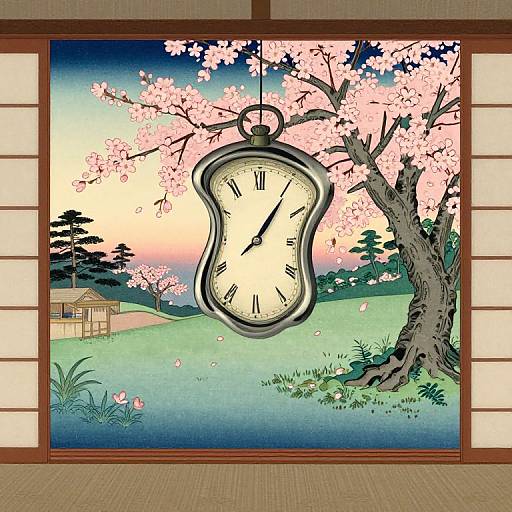 Digital art: Vintage clock hangs from cherry blossom tree in traditional Japanese room, with sunset sky, grassy hill, and wooden house.