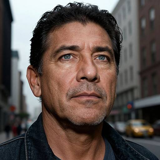 Photograph of a middle-aged man with blue eyes, dark curly hair, and a light beard, wearing a black denim jacket, standing on a city