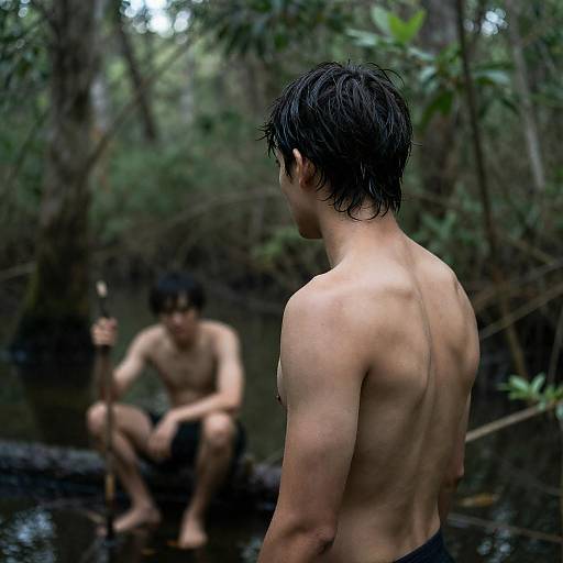 Mysterious Men in Wet Forest Setting