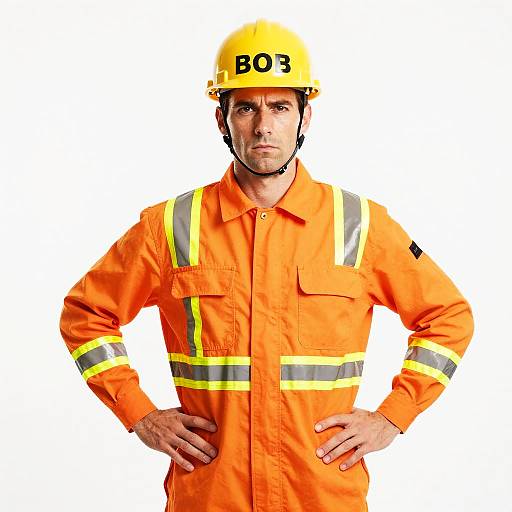 Photograph of a serious male construction worker in orange safety gear and yellow hard hat with 