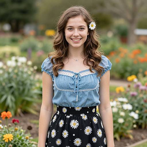 Young woman with wavy brown hair, blue blouse with lace trim, black skirt with daisy pattern, flower in hair, smiling in vibrant garden.
