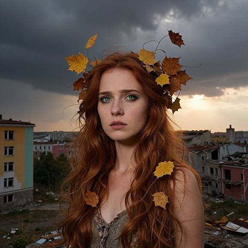 Photograph of a red-haired woman with green eyes, wearing a brown lace top, adorned with floating autumn leaves, against a stormy, sunset sky