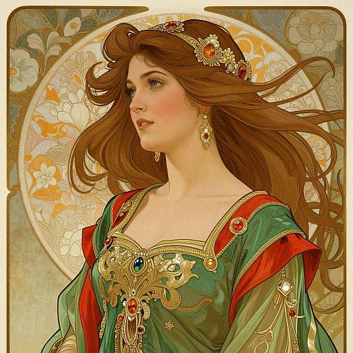 Digital artwork of a fair-skinned, brown-haired queen with flowing hair, wearing a green gown adorned with gold, red, and blue jewels, against