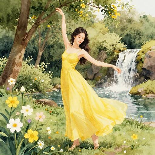 Graceful Woman in Flowing Yellow Dress