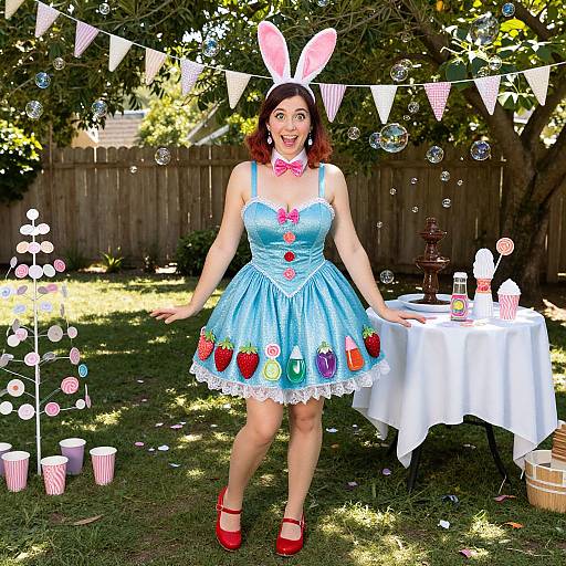 Photograph of a woman in a blue Easter dress with strawberry and egg embellishments, red shoes, bunny ears, and bow tie, standing in a
