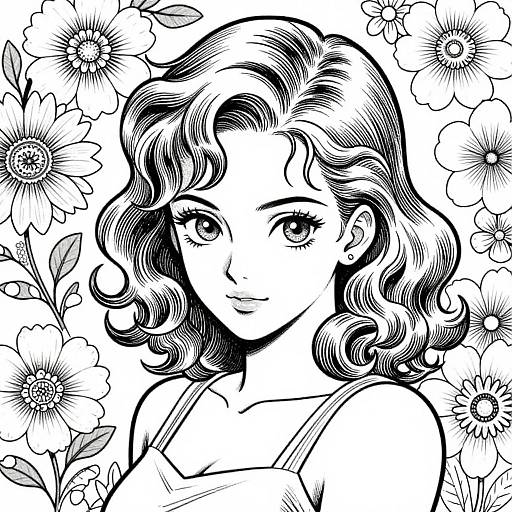 Black-and-white digital drawing of a young woman with wavy hair, large eyes, and floral background, wearing a strap top.