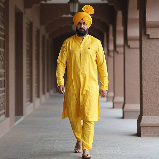 Photograph of a bearded Sikh man in bright yellow traditional Punjabi attire, turban, and barefoot, walking down a shaded, arched
