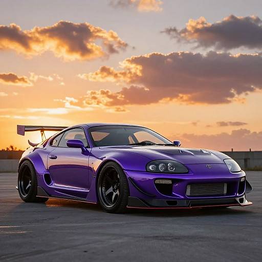 Photograph of a purple, modified sports car with a large rear spoiler, black wheels, and low suspension, parked on a rooftop at sunset with orange