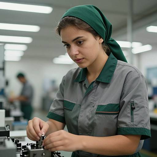 Photograph of a young woman with light brown skin and dark brown hair, wearing a green headscarf and gray work uniform, focused on assembling machinery