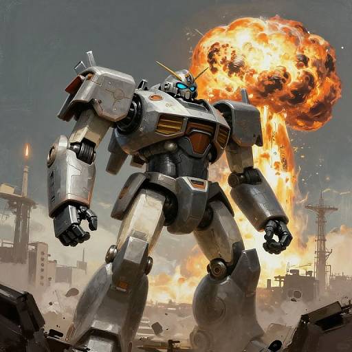 Digital artwork of a powerful, silver mech robot with glowing blue eyes, firing a massive explosion from its right arm, standing amidst a ruined urban battlefield.