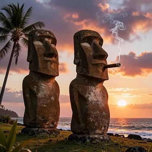 Smoking Moai Statue at Sunset