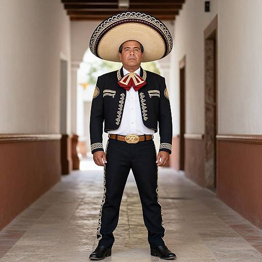 Photograph of a young man in traditional Mexican charro suit, black jacket with white embroidery, large sombrero, red bowtie, standing in a