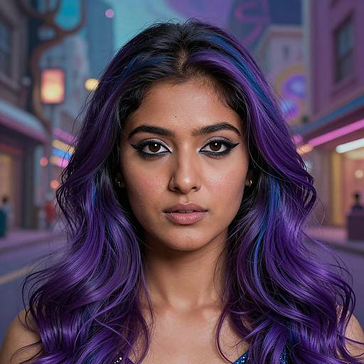 Photorealistic portrait of a young woman with long, wavy purple hair, dark eyes, and neutral expression, standing in a neon-lit urban
