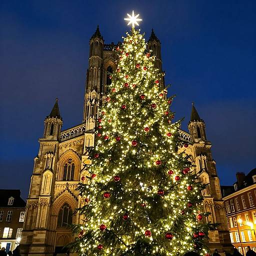 Photograph of a brightly lit, ornate Christmas tree with glowing white lights and red ornaments, standing in front of a Gothic-style cathedral at night.
