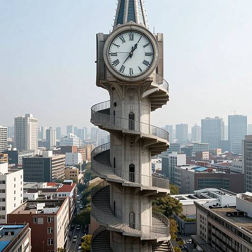 Photograph of a tall, concrete clock tower with a spiral staircase, set against a cityscape of modern buildings in the background.