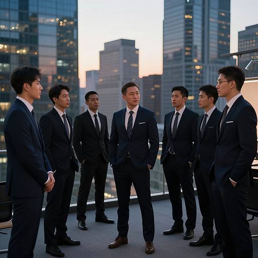 Photograph of seven Asian men in black suits, white shirts, and ties, standing in a modern high-rise office with city skyline background at dusk.