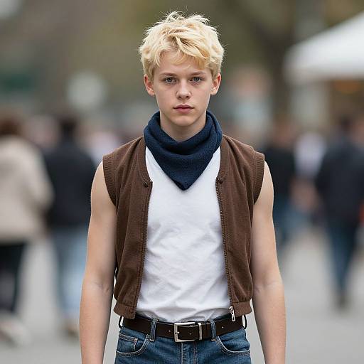 Photograph of a blonde, blue-eyed young man with messy hair, wearing a brown sleeveless vest, white shirt, dark scarf, and blue jeans