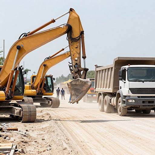 Photograph of a construction site with two yellow excavators loading a white dump truck on a dusty road, two workers in the background.