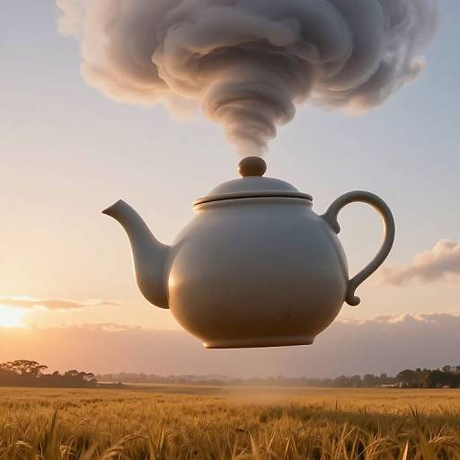 Photograph of a surreal scene: a silver teapot with a large, swirling smoke cloud emerging from its spout hovers over a golden field at