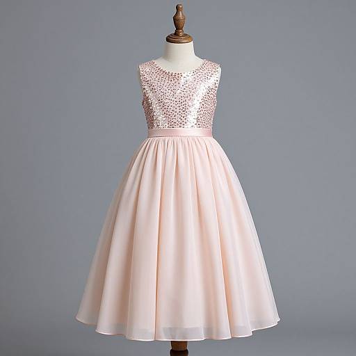 Photograph of a sleeveless, pink satin, knee-length dress with a sparkling, sequined bodice on a mannequin against a plain gray