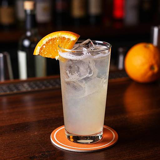 Photograph of a glass of iced drink with an orange slice garnish on a dark wooden bar, orange coaster, blurred background with bottles, and