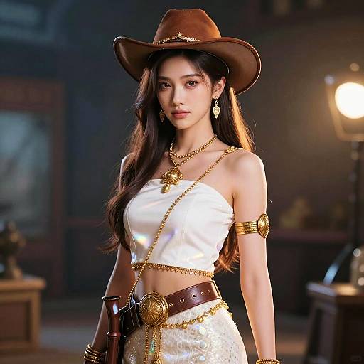 Photorealistic digital artwork of an attractive Asian woman with long dark hair in a brown cowboy hat, white crop top, and gold jewelry, standing in