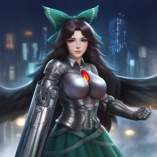Futuristic Warrior Girl with Metallic Armor and Black Wings