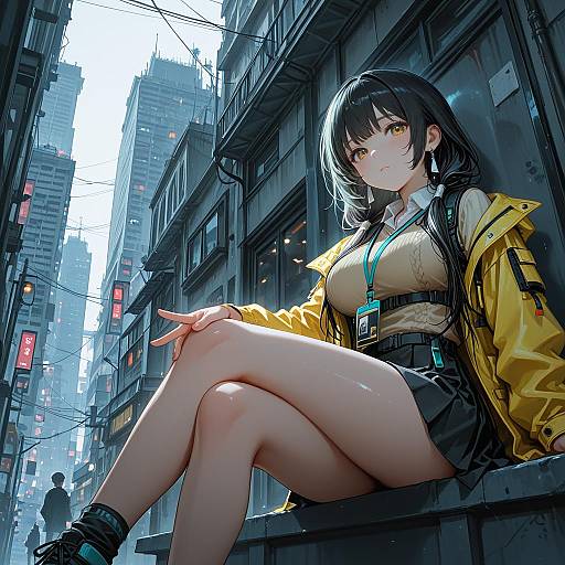 Giant Girl Sitting in Cityscape
