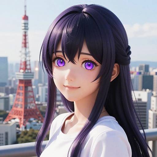 Digital anime-style portrait of a girl with long black hair, purple eyes, and white shirt, standing in front of Tokyo Tower. Bright cityscape background