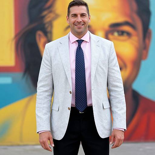 Photograph of a smiling man with short dark hair, wearing a white blazer, pink shirt, and blue patterned tie, standing in front of