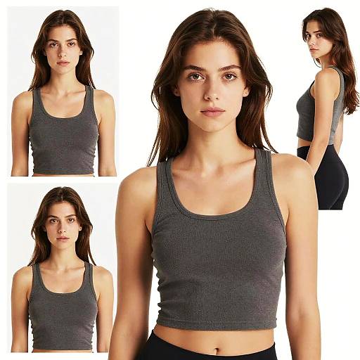 Photograph collage of a young woman with long brown hair, wearing a dark gray ribbed tank top, in three different poses against a white background.