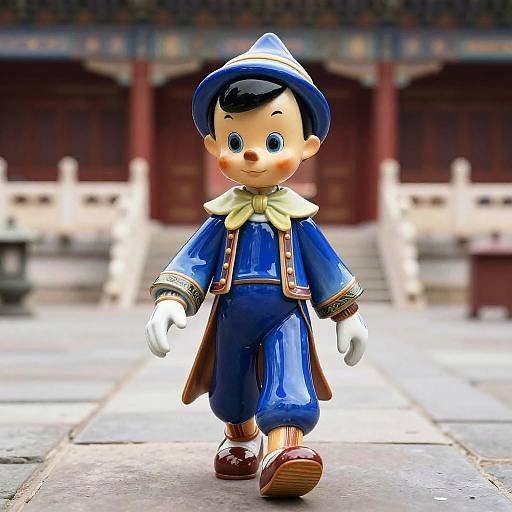 3D CGI image of a cute, cartoonish boy in blue outfit with white gloves, yellow scarf, and hat, walking in front of a blurred