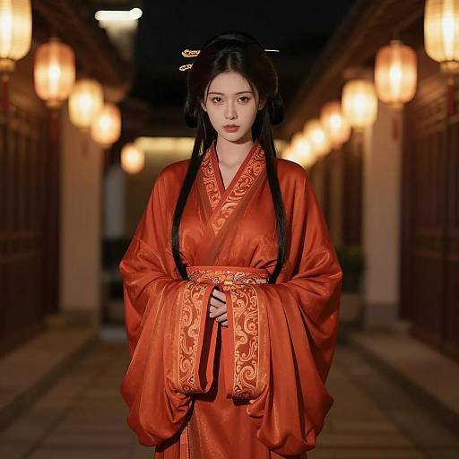 Asian Woman in Traditional Red Chinese Robe at Night