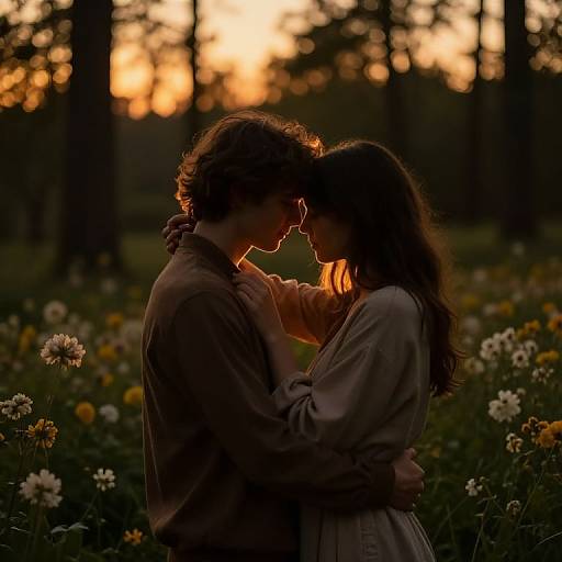 Photograph of a silhouetted couple gently touching foreheads in a sunset-lit forest, surrounded by blooming wildflowers, capturing tender intimacy