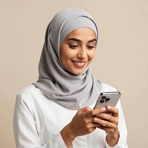 Smiling Woman in Gray Hijab with Smartphone