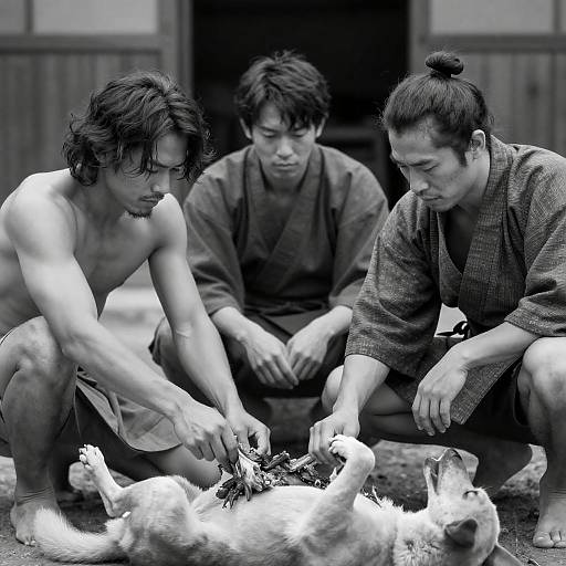 Black and White Photo of Three Asian Men Butchering Dog