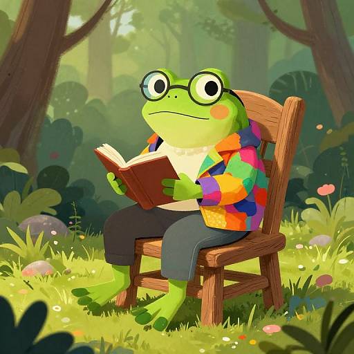 Cartoon frog with green skin, round glasses, colorful checkered shirt, and black pants, sits on wooden chair in sunlit forest, reading a
