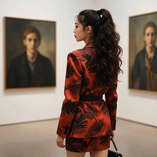 Photograph of an Asian woman with long black hair in a red floral jacket, standing in an art gallery, looking at two portraits on white walls.