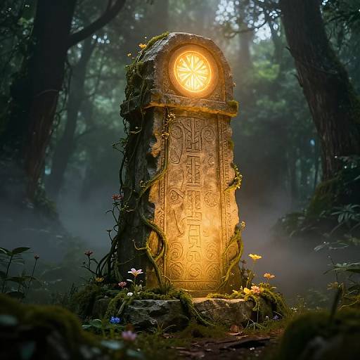 Mystical glowing stone tomb in enchanted forest, surrounded by vines, moss, and small flowers, illuminated by a radiant, circular light.