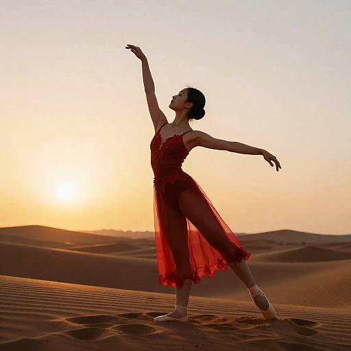 Ballet Dancer in Red Dress on Desert Dunes at Sunset