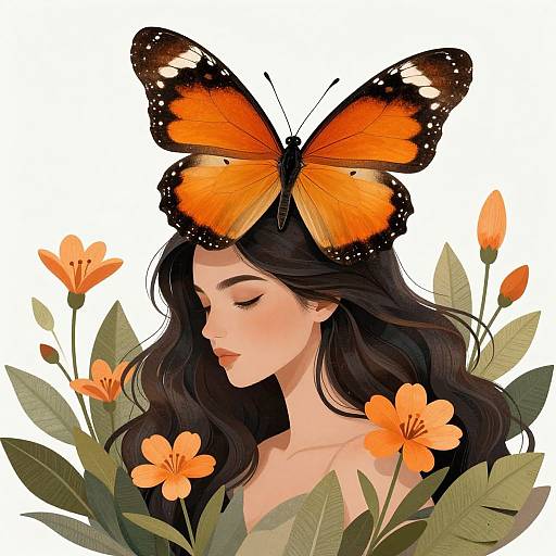Digital illustration of a serene woman with long black hair, an orange butterfly perched on her head, surrounded by orange flowers and green leaves.
