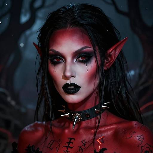 Digital artwork of a pale-skinned, red-eyed female demon with black lipstick, long wet hair, pointed ears, and a spiked collar, set against