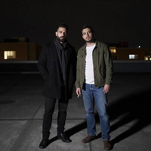 Two Men Standing on Rooftop at Night