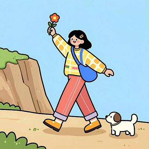 Cartoon-style drawing of a girl with black hair, yellow and orange checkered jacket, red pants, and blue bag, holding a flower, walking