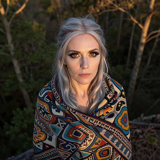 Photograph of a pale-skinned woman with silver hair, wearing a colorful, patterned shawl, standing in a dark forest at sunset, with
