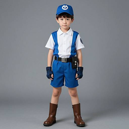 Photograph of a young boy in a blue sailor outfit with white shirt, blue cap, brown boots, and black gloves, standing against a plain gray