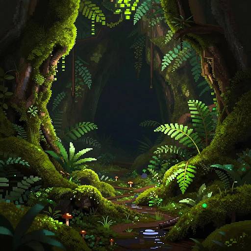 Pixel Art Bioluminescent Cave Scene
