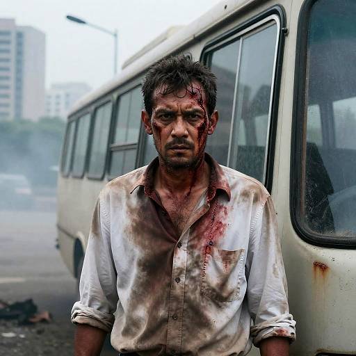 Battered Man Beside Damaged Bus Scene