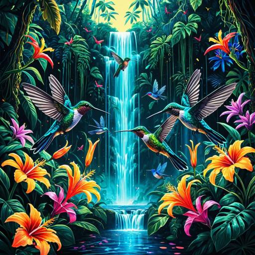 Psychedelic Hummingbirds in Neon Rainforest